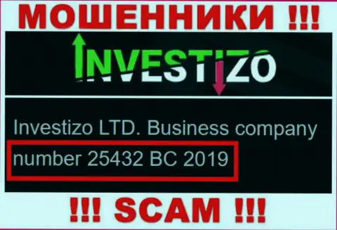 Инвестицо Лтд internet-мошенников Investizo было зарегистрировано под этим рег. номером: 25432 BC 2019
