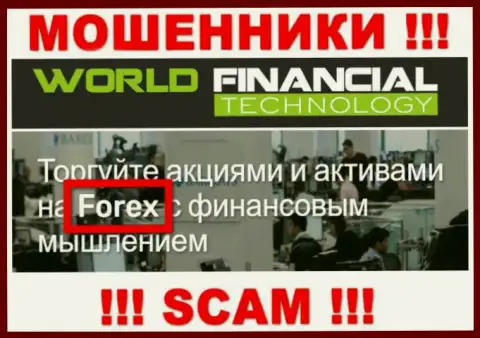 ВорлдФинансиал Технолоджи - это интернет-мошенники, их деятельность - FOREX, направлена на слив финансовых активов наивных клиентов