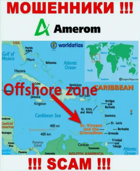 Компания Amerom De имеет регистрацию довольно далеко от обманутых ими клиентов на территории Saint Vincent and the Grenadines