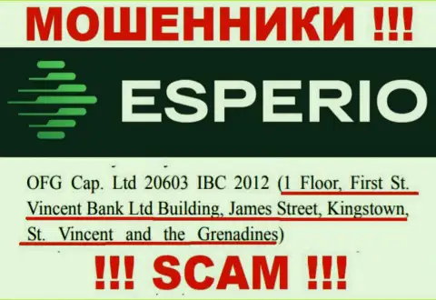 Противозаконно действующая компания Esperio Org зарегистрирована в оффшоре по адресу: 1 этаж, здание Сент-Винсент Банк Лтд, Джеймс-стрит, Кингстаун, Сент-Винсент и Гренадины, будьте крайне внимательны