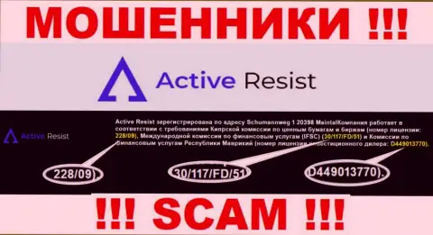 Совместно сотрудничать с организацией Active Resist НЕ СПЕШИТЕ, невзирая на представленную лицензию у них на веб-ресурсе