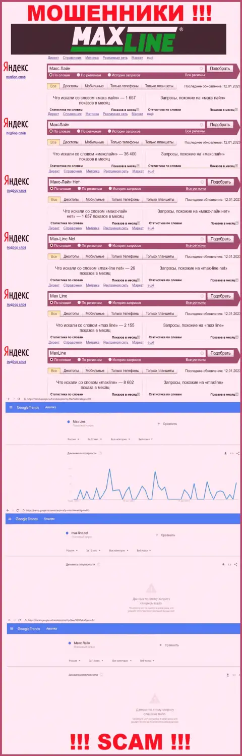Количество поисковых запросов во всемирной интернет паутине по бренду мошенников Макс-Лайн Нет
