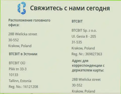 Официальный адрес криптовалютной обменки BTCBit Net и координаты представительского офиса криптовалютного онлайн обменника в Эстонии