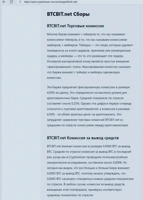 Информационная статья с рассмотрением комиссий интернет компании БТК Бит, выложенная на ресурсе КриптоВиссер Ком